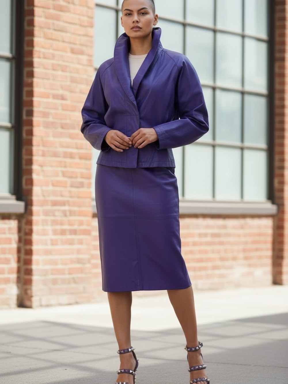 80s 2PC SEA DREAM LEATHER ROCKABILLY PURPLE JACKET & MATCHING MIDI PENCIL SKIRT